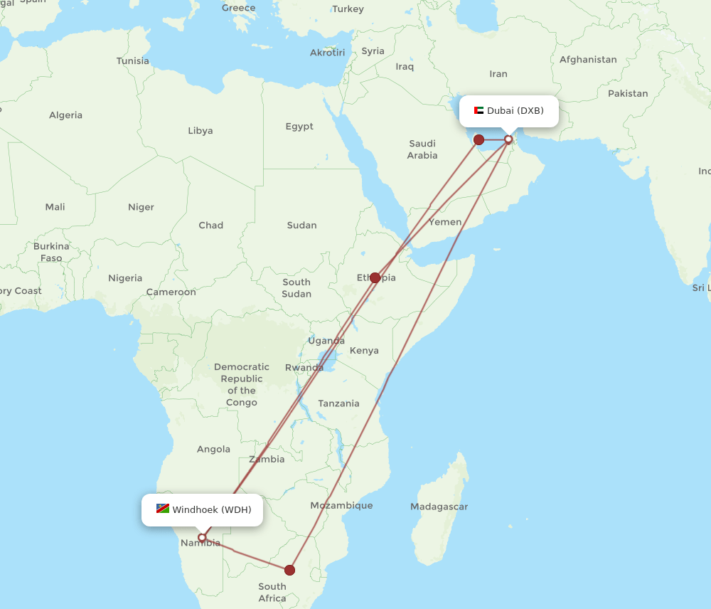 WDH-DXB flight routes