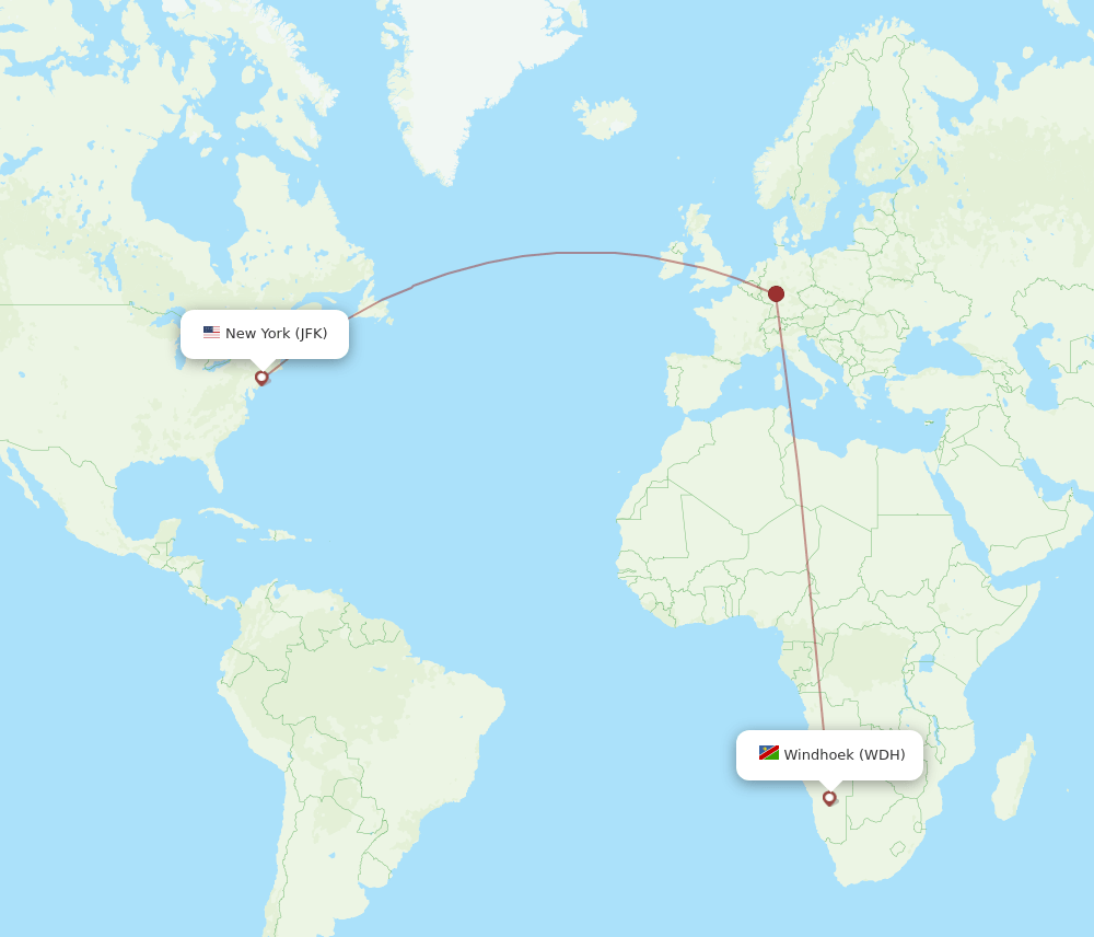 New York - Windhoek route map and flight paths
