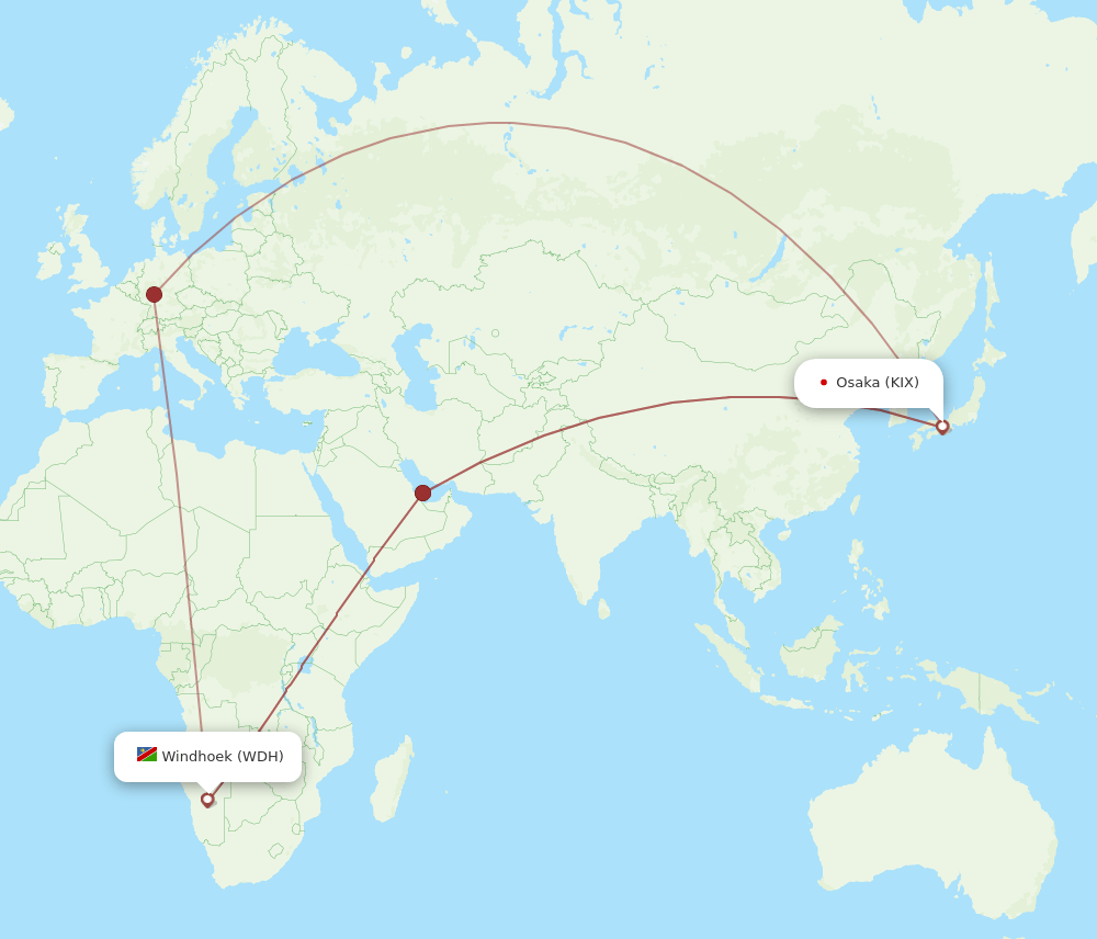 Osaka - Windhoek route map and flight paths