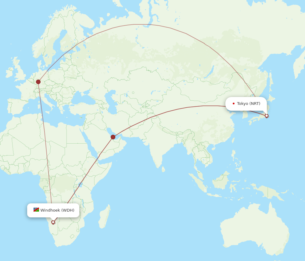 Tokyo - Windhoek route map and flight paths
