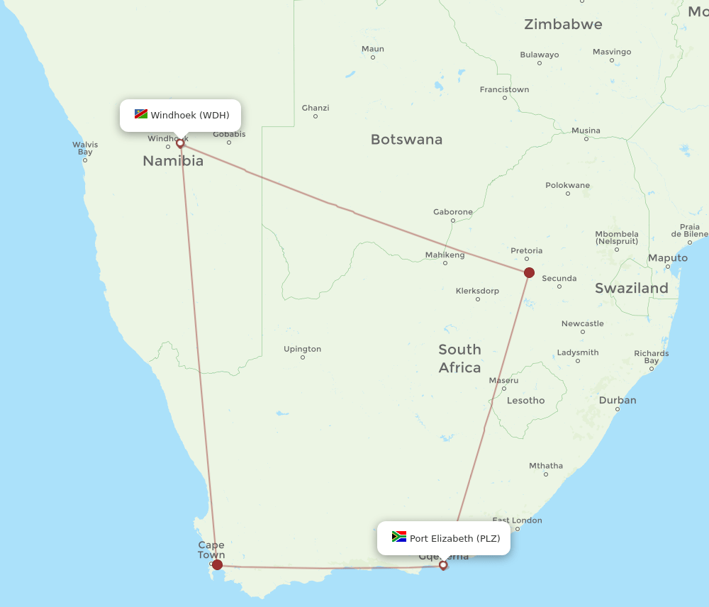 WDH to PLZ flights and routes map