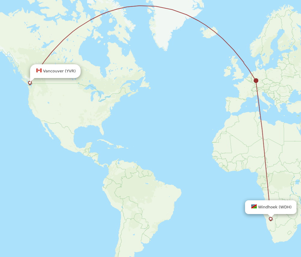 WDH to YVR flights and routes map