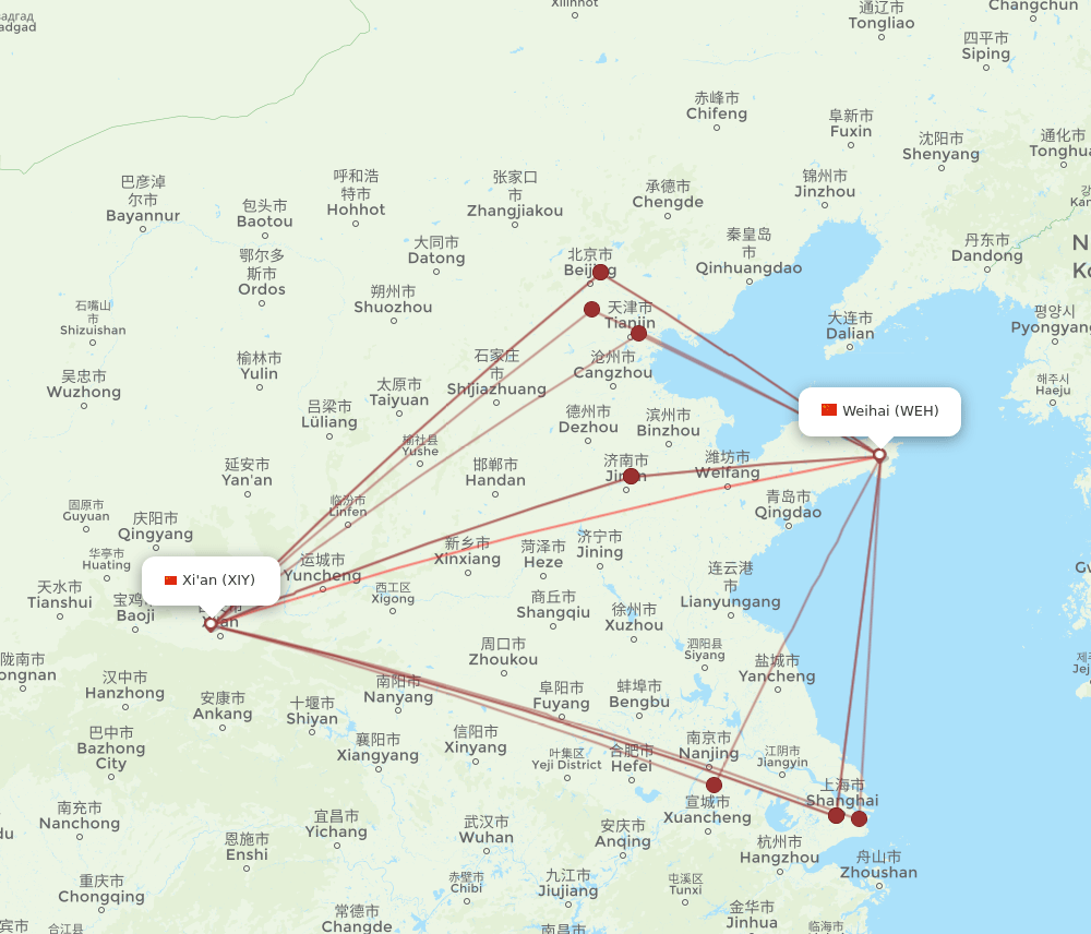 WEH to XIY flights and routes map