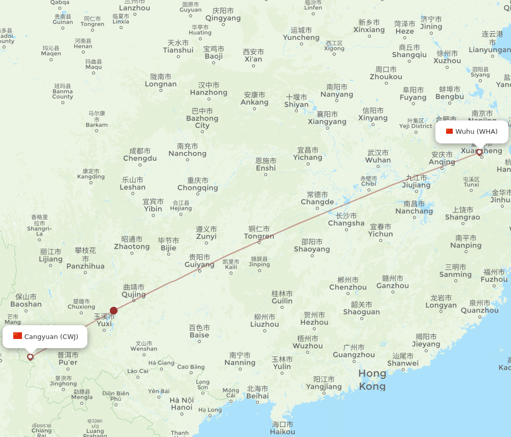 Cangyuan - Wuhu route map and flight paths
