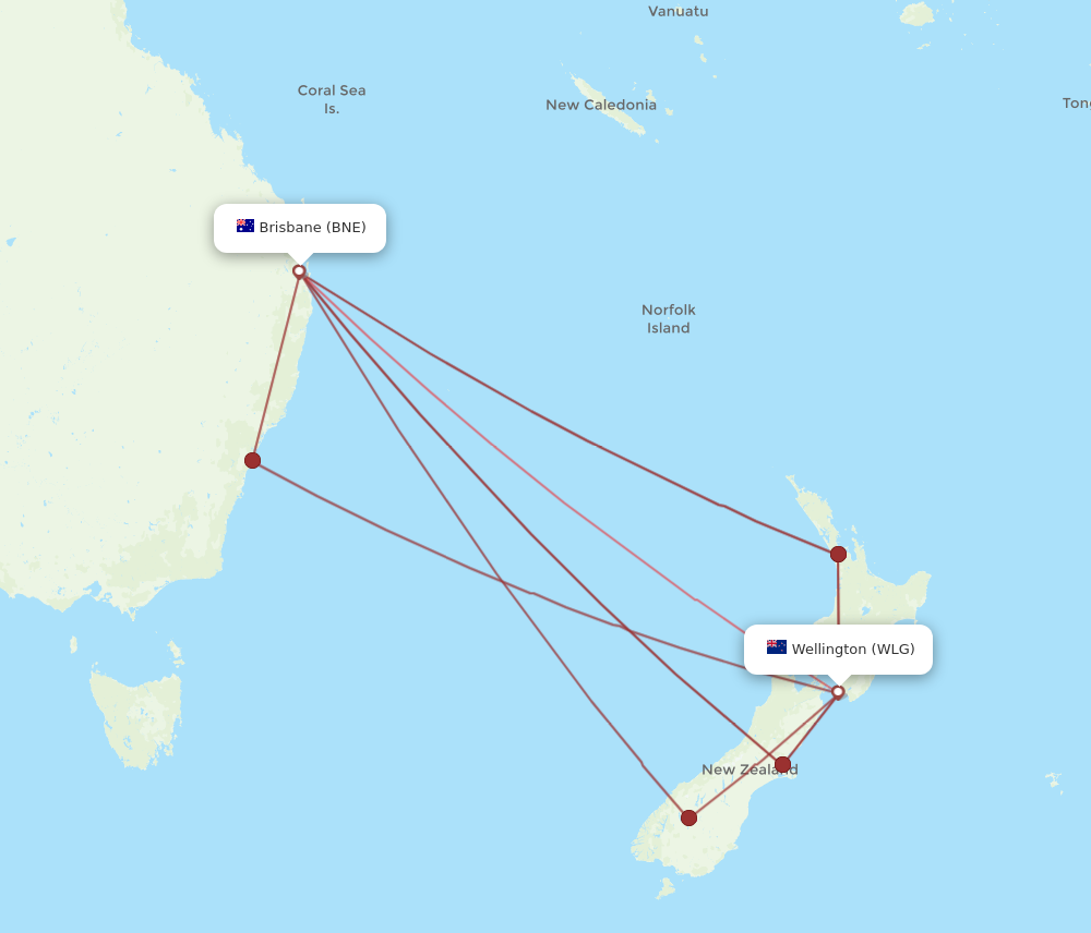 WLG to BNE flights and routes map