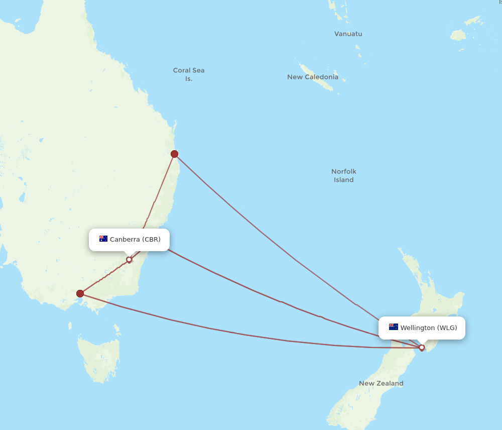 WLG-CBR flight routes