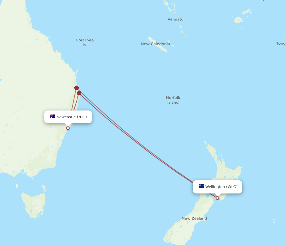 WLG to NTL flights and routes map