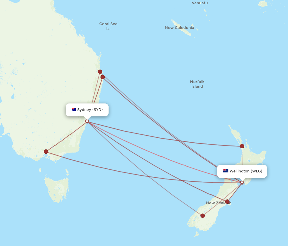WLG to SYD flights and routes map