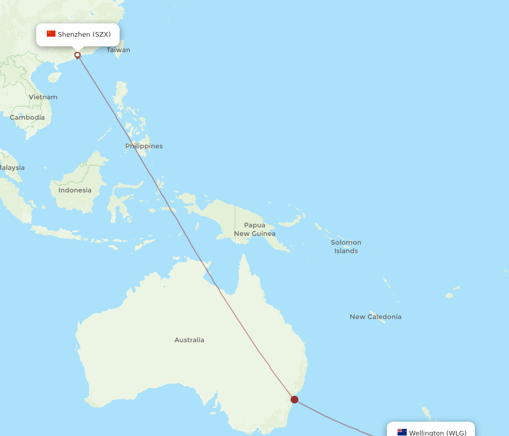 Shenzhen - Wellington route map and flight paths