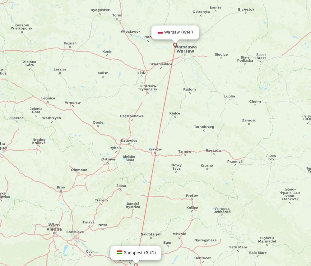 WMI to BUD flights and routes map