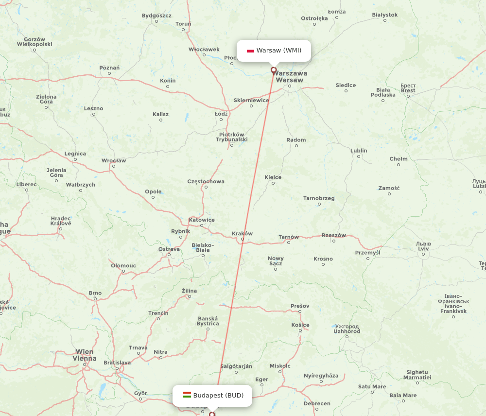 WMI to BUD flights and routes map