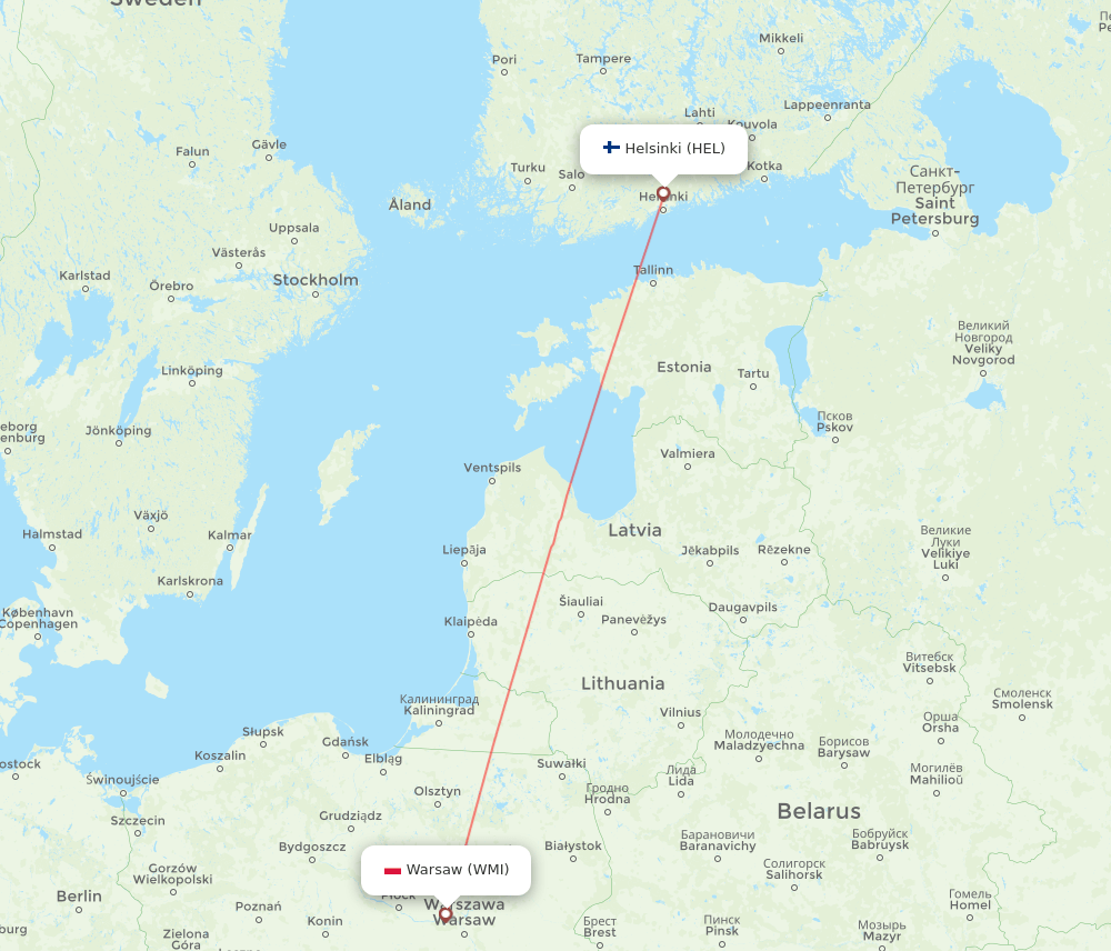 Modlin - Helsinki route map and flight paths