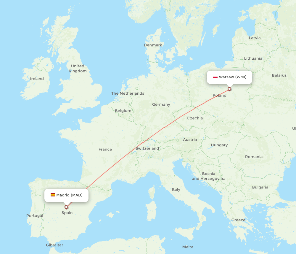 Modlin - Madrid route map and flight paths
