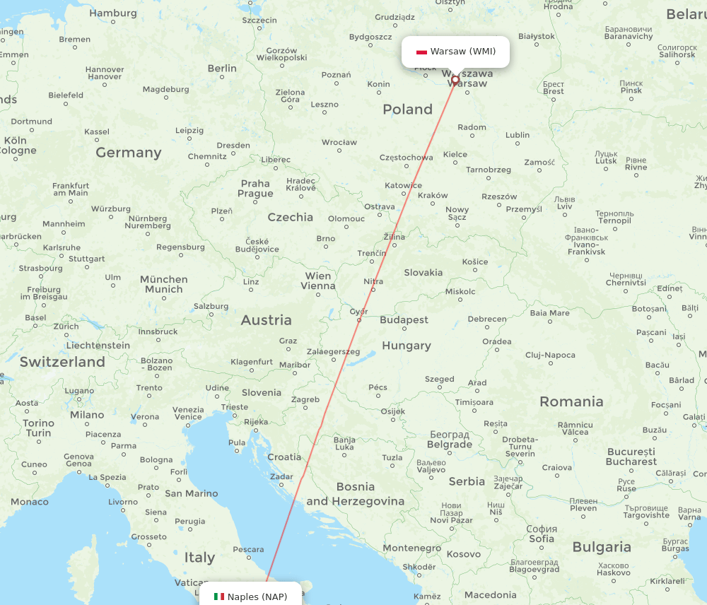 Modlin - Naples route map and flight paths