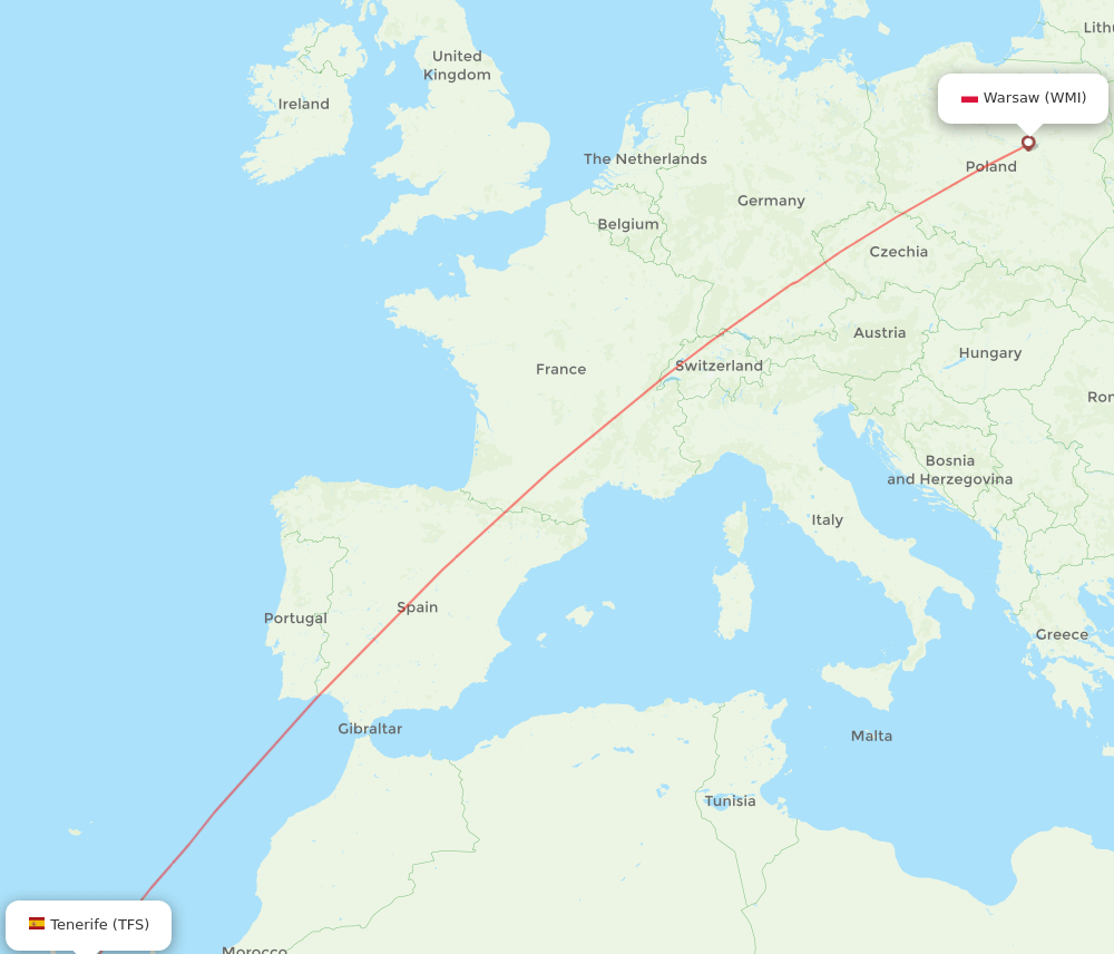 Modlin - Tenerife route map and flight paths