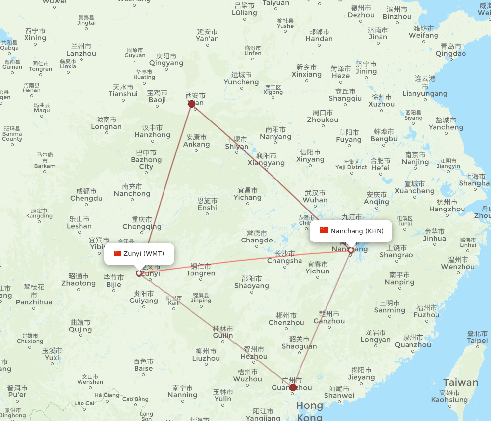 WMT to KHN flights and routes map