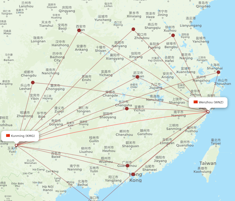 WNZ to KMG flights and routes map
