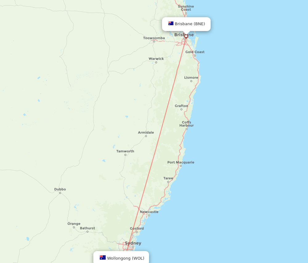 Wollongong - Brisbane route map and flight paths