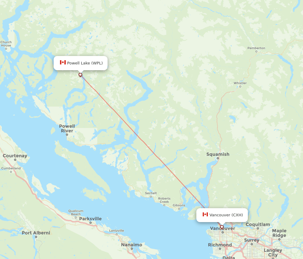 Powell Lake - Vancouver route map and flight paths