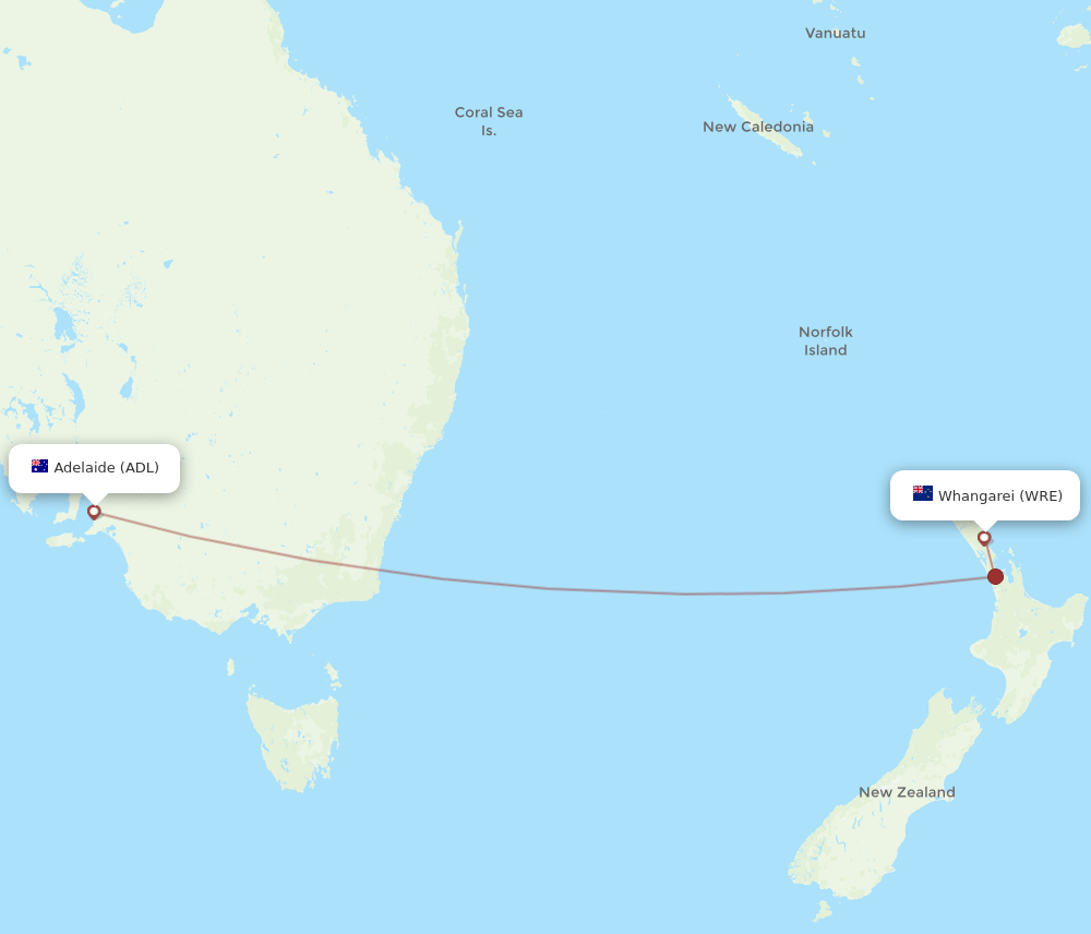 Adelaide - Whangarei route map and flight paths