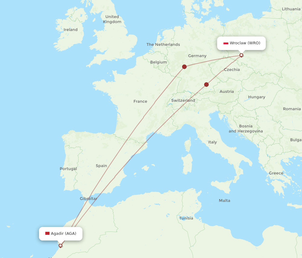 WRO-AGA flight routes