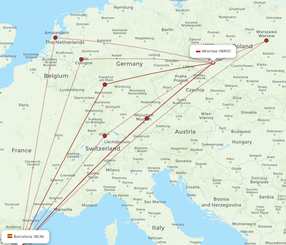 WRO-BCN flight routes