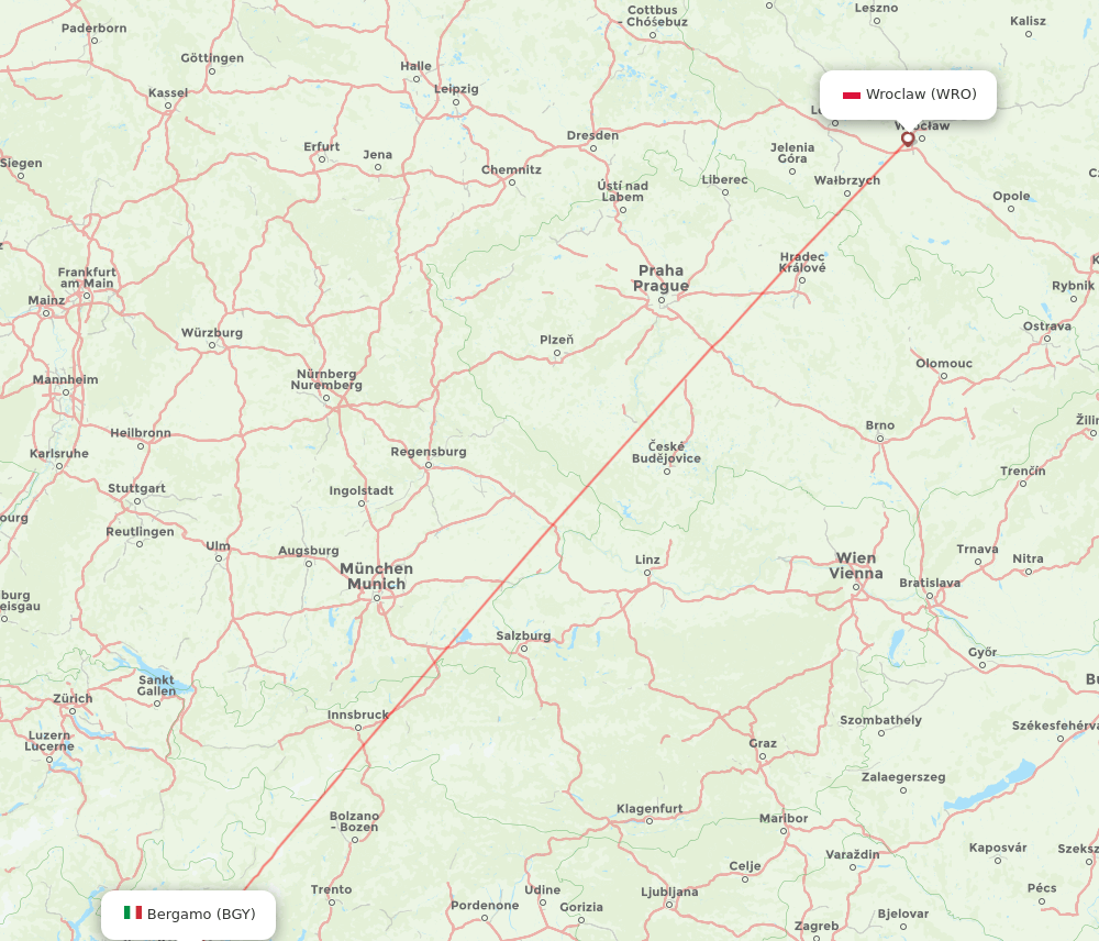 Wroclaw - Milan route map and flight paths