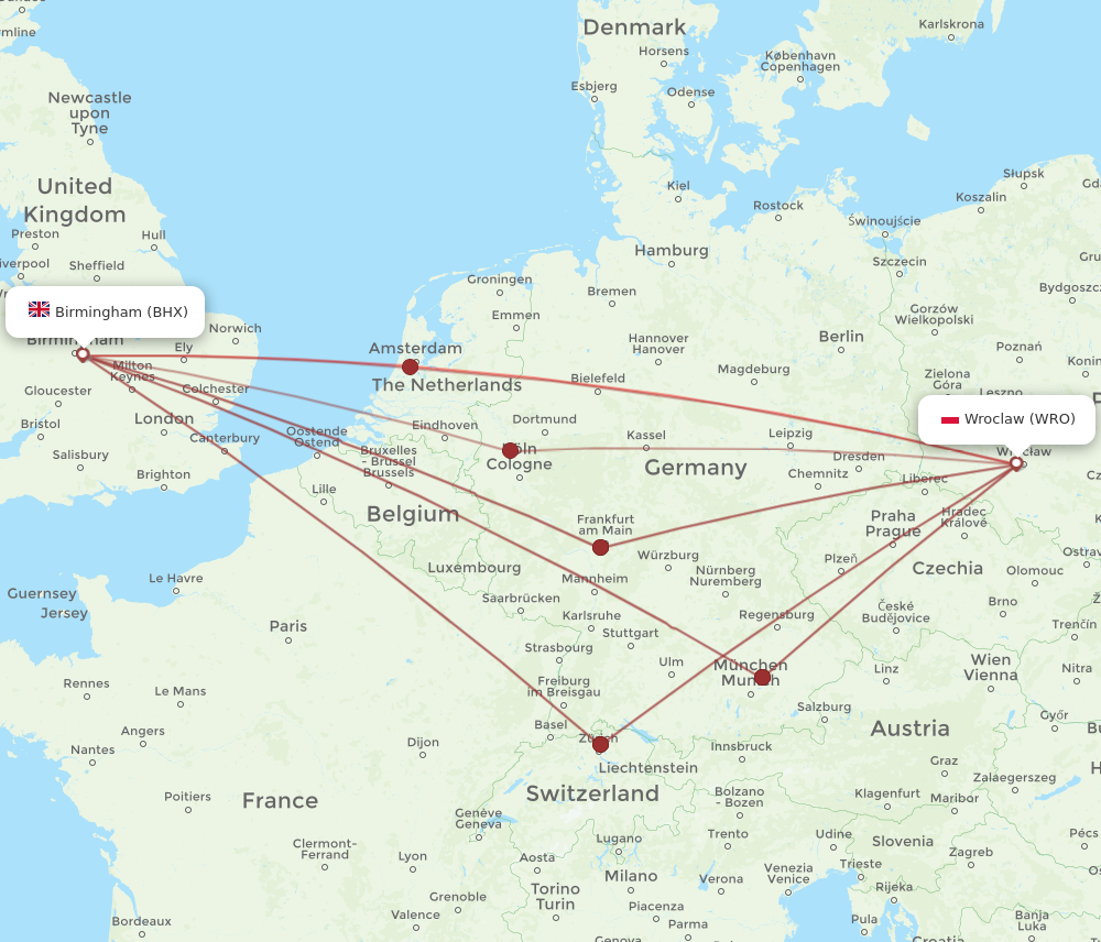 WRO to BHX flights and routes map