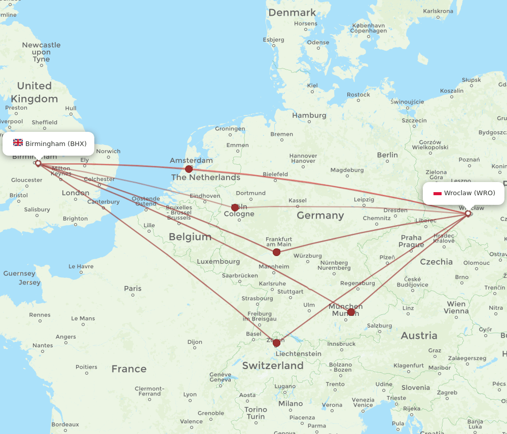 WRO-BHX flight routes