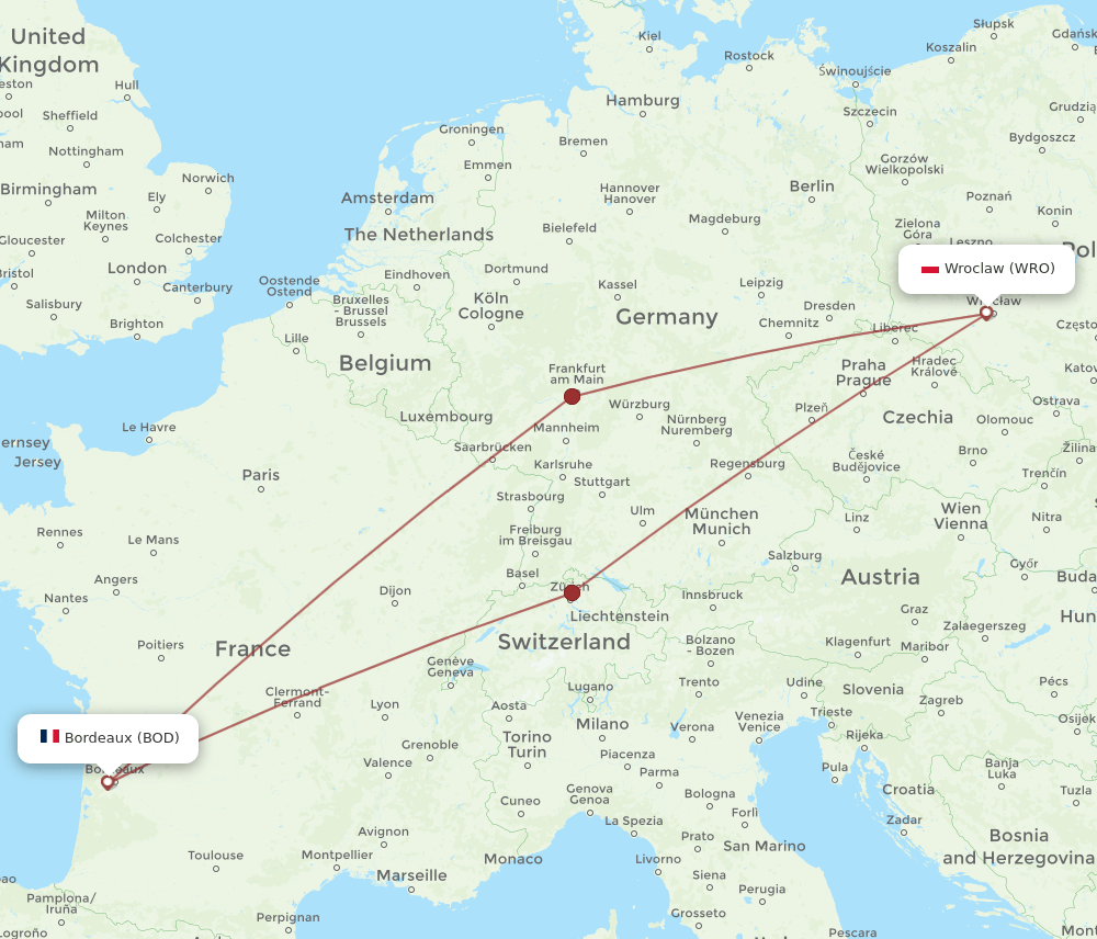 WRO to BOD flights and routes map