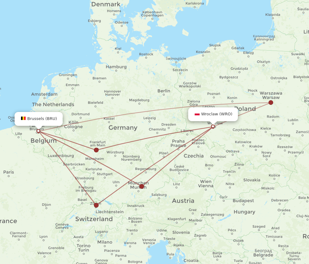 WRO to BRU flights and routes map