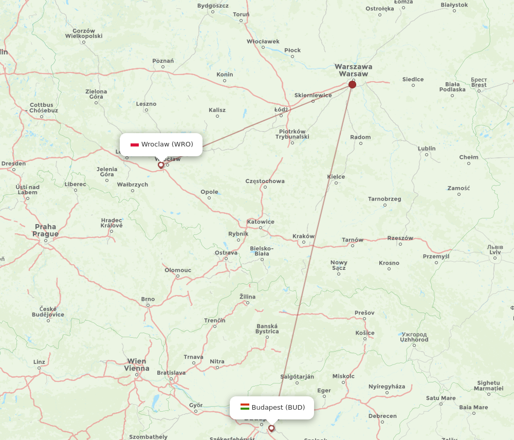 WRO to BUD flights and routes map