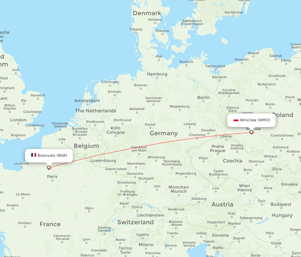 Wroclaw - Paris route map and flight paths
