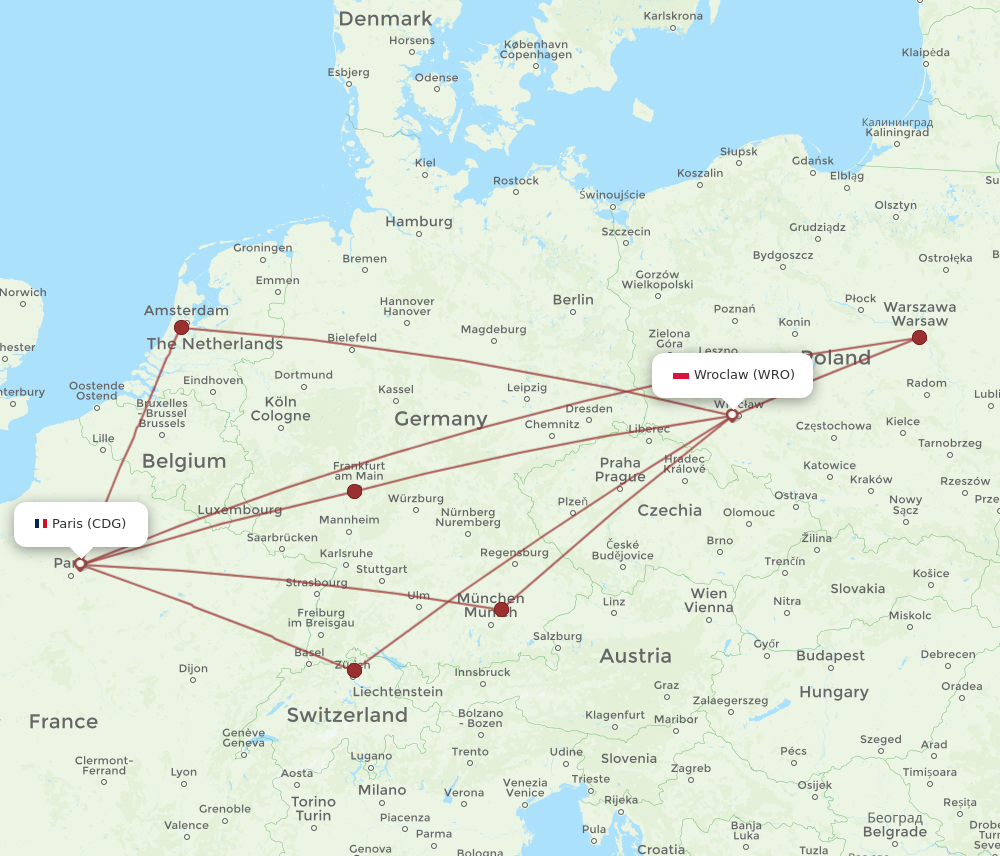WRO to CDG flights and routes map