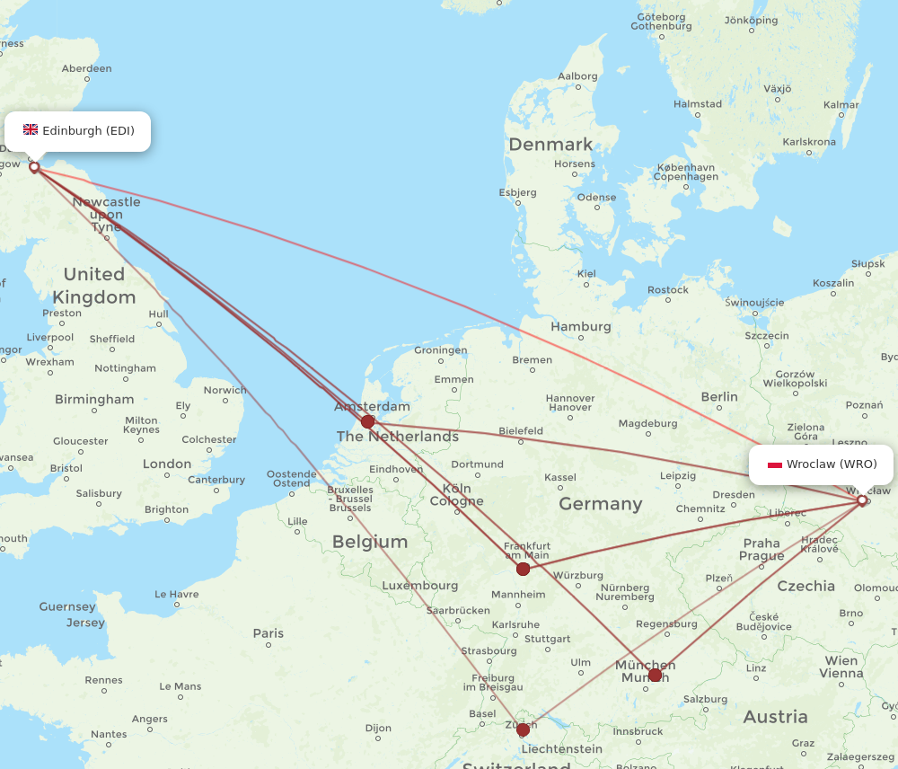 WRO to EDI flights and routes map