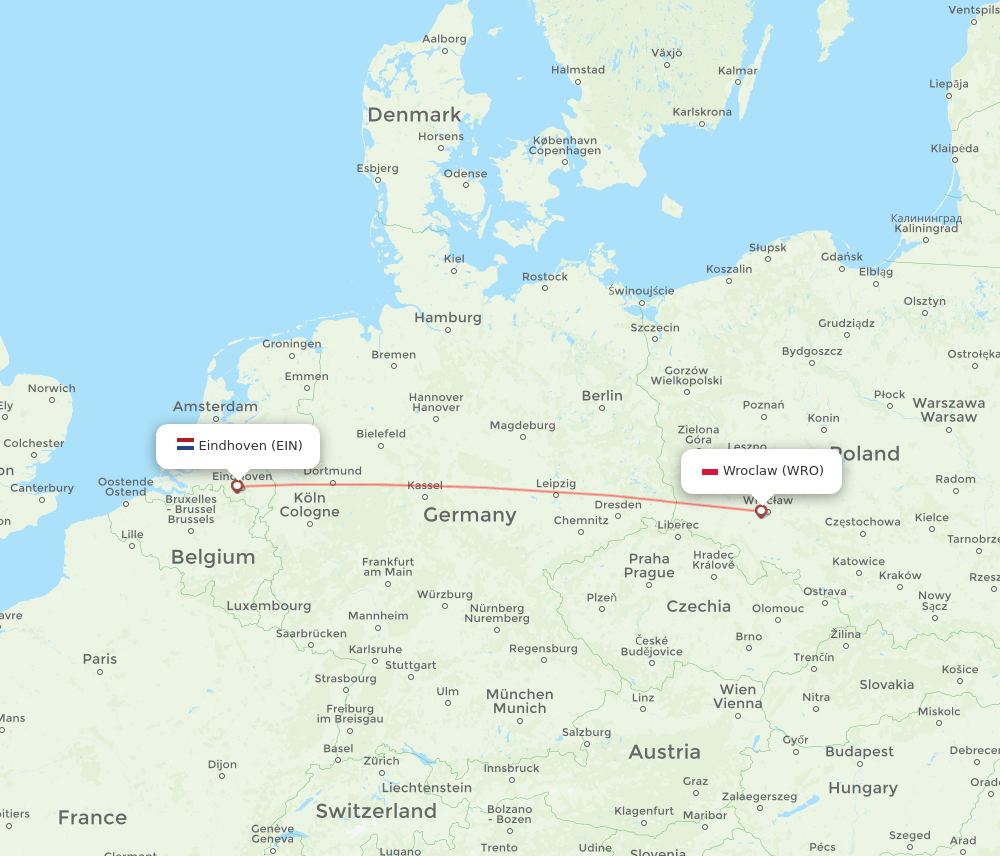 Wroclaw - Eindhoven route map and flight paths