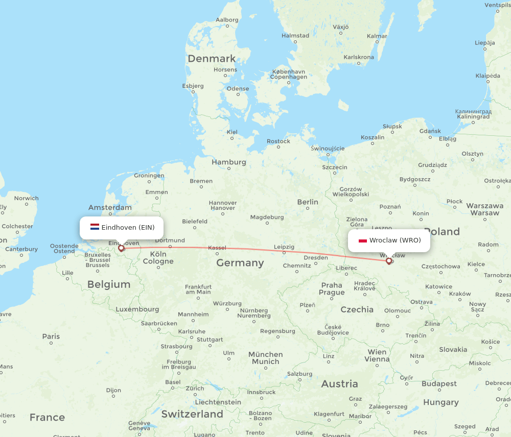 WRO to EIN flights and routes map