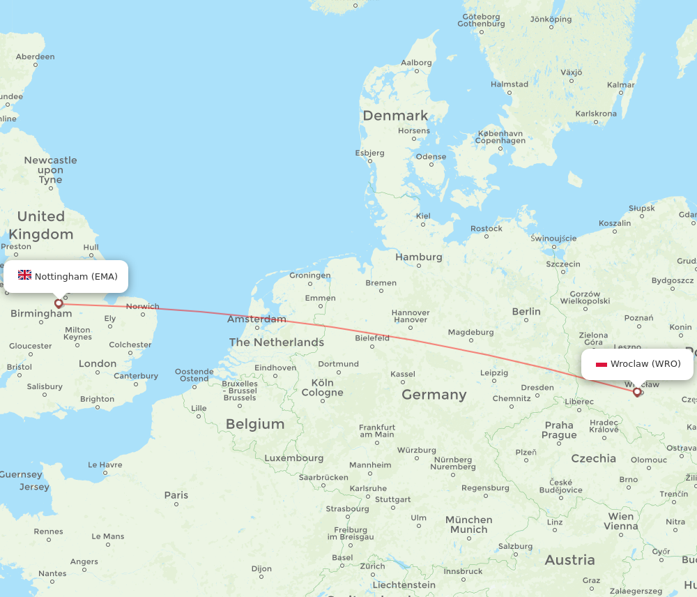 WRO to EMA flights and routes map