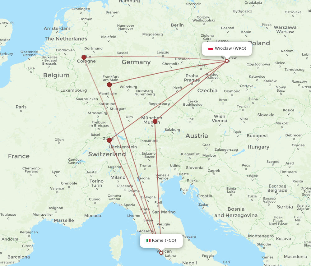 WRO to FCO flights and routes map