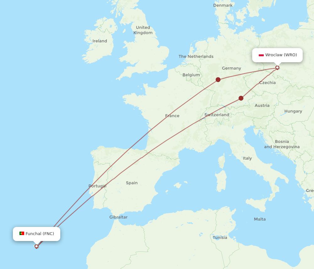 WRO to FNC flights and routes map