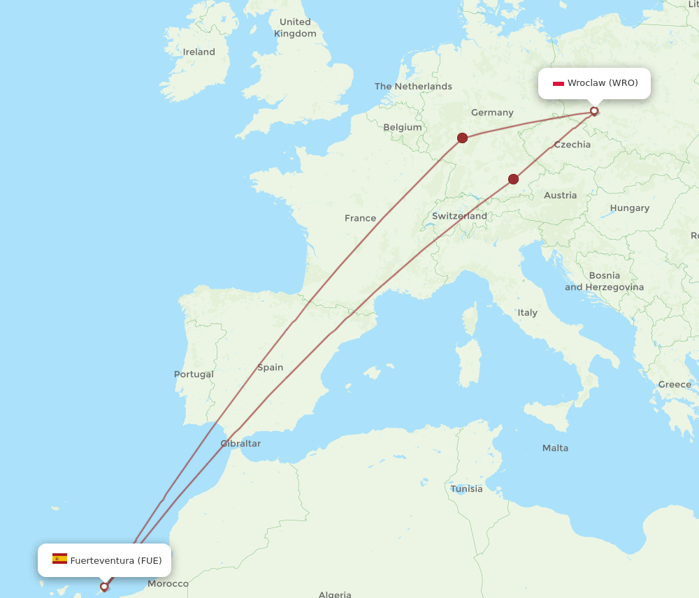WRO to FUE flights and routes map
