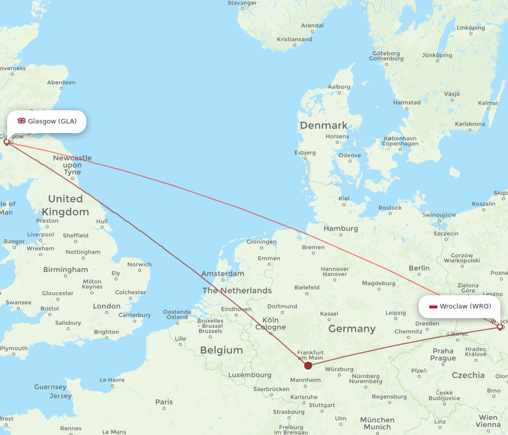 WRO to GLA flights and routes map