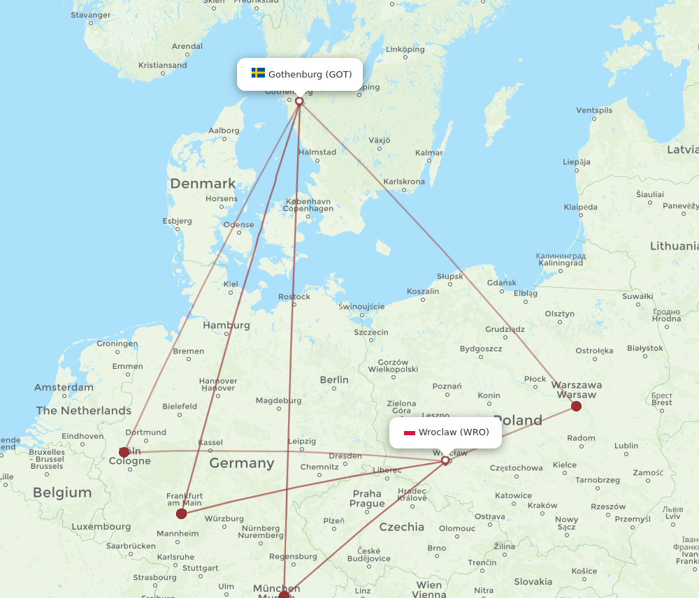 WRO to GOT flights and routes map