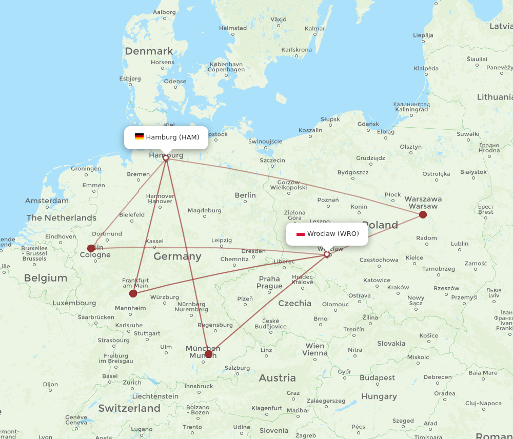 WRO to HAM flights and routes map
