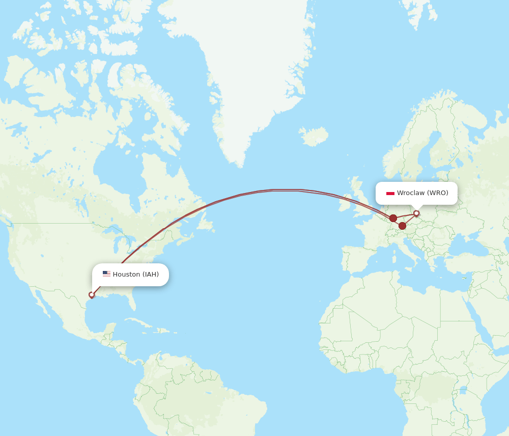 WRO to IAH flights and routes map
