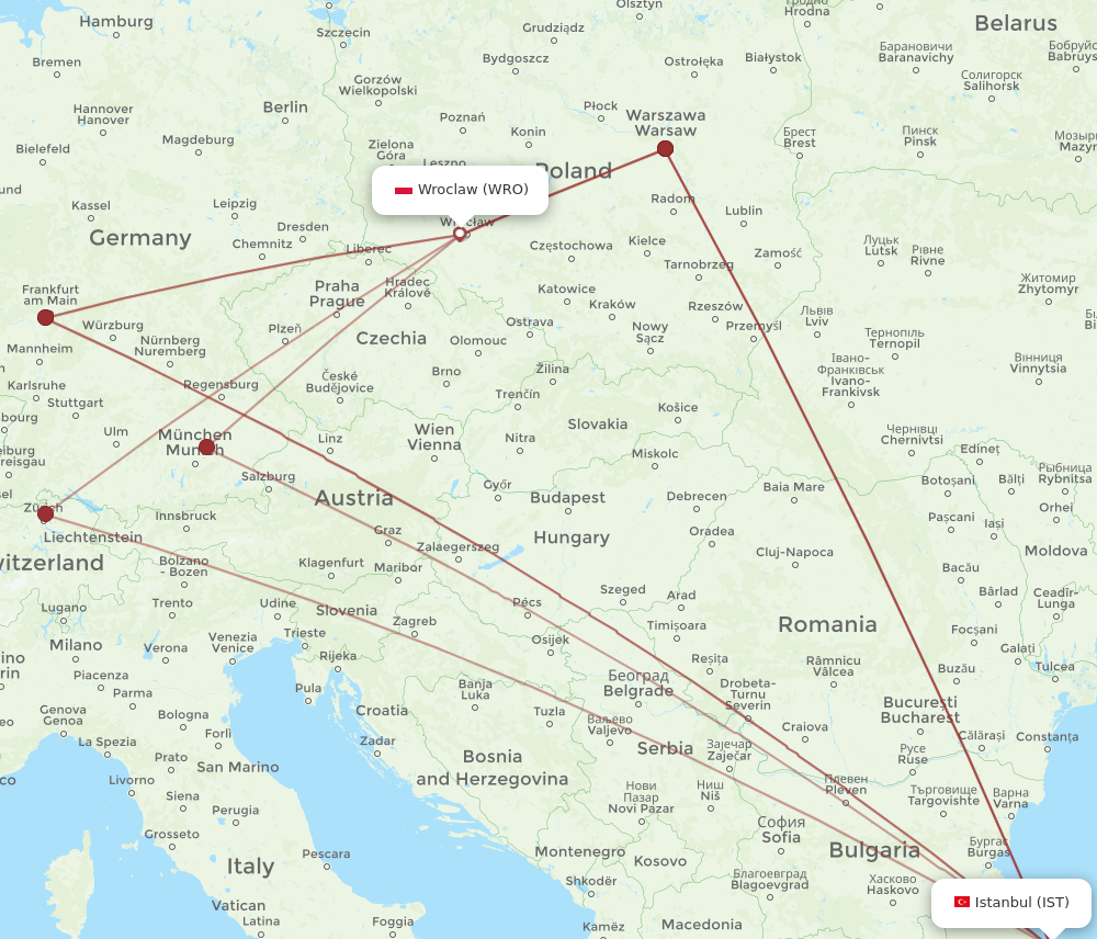 WRO to IST flights and routes map