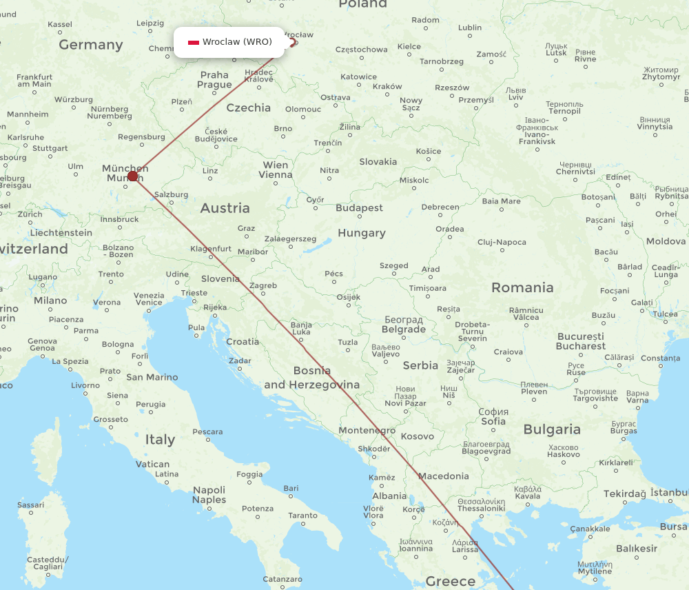 Mykonos - Wroclaw route map and flight paths