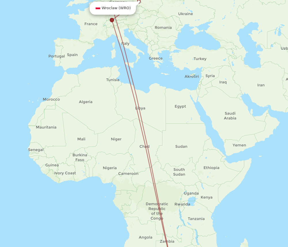 WRO to JNB flights and routes map