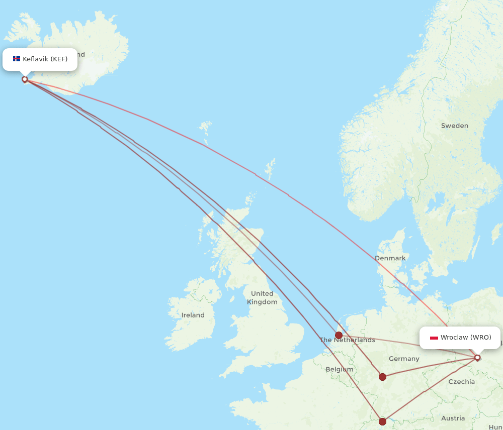 WRO-KEF flight routes