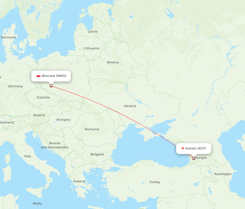 Wroclaw - Kutaisi route map and flight paths